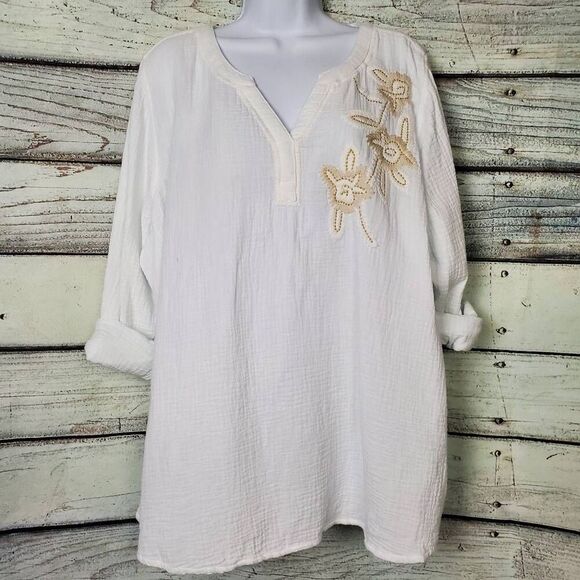 Susan Graver Tops - Susan Graver Pure Women’s White Embroidered 3/4 Sleeve Tunic Top Size 1X